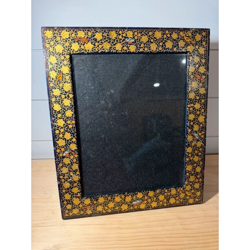 VTG Large Chinar Paper Mache Photo Frame Kashmir Chinar Leaf gold colorful birds